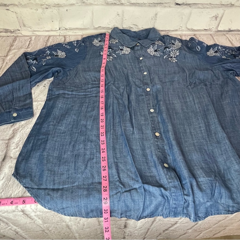 Blue Floral Embroidered Button-Up Shirt, 3X - Picture 13 of 15